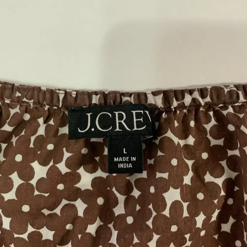 J. Crew V-Neck Smocked Waist Top L Brown Mocha Floral Boho